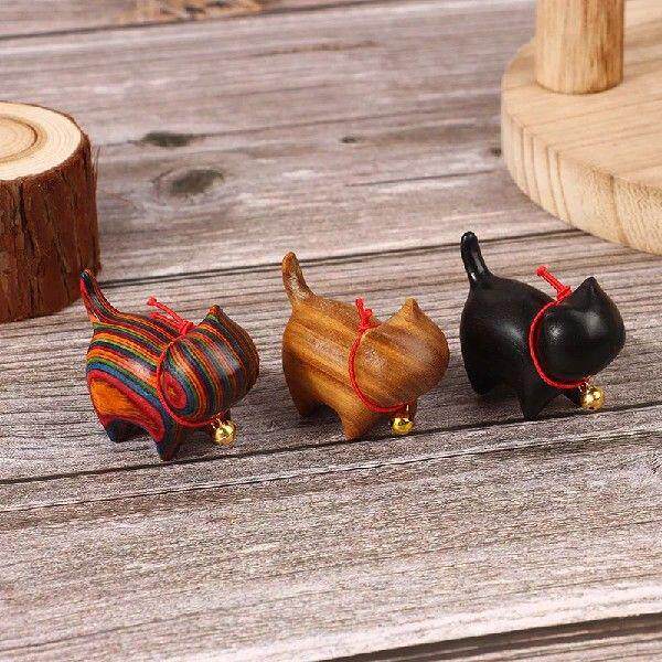 Cute Wooden Cat Statue Carved Miniature Rainbow Cat