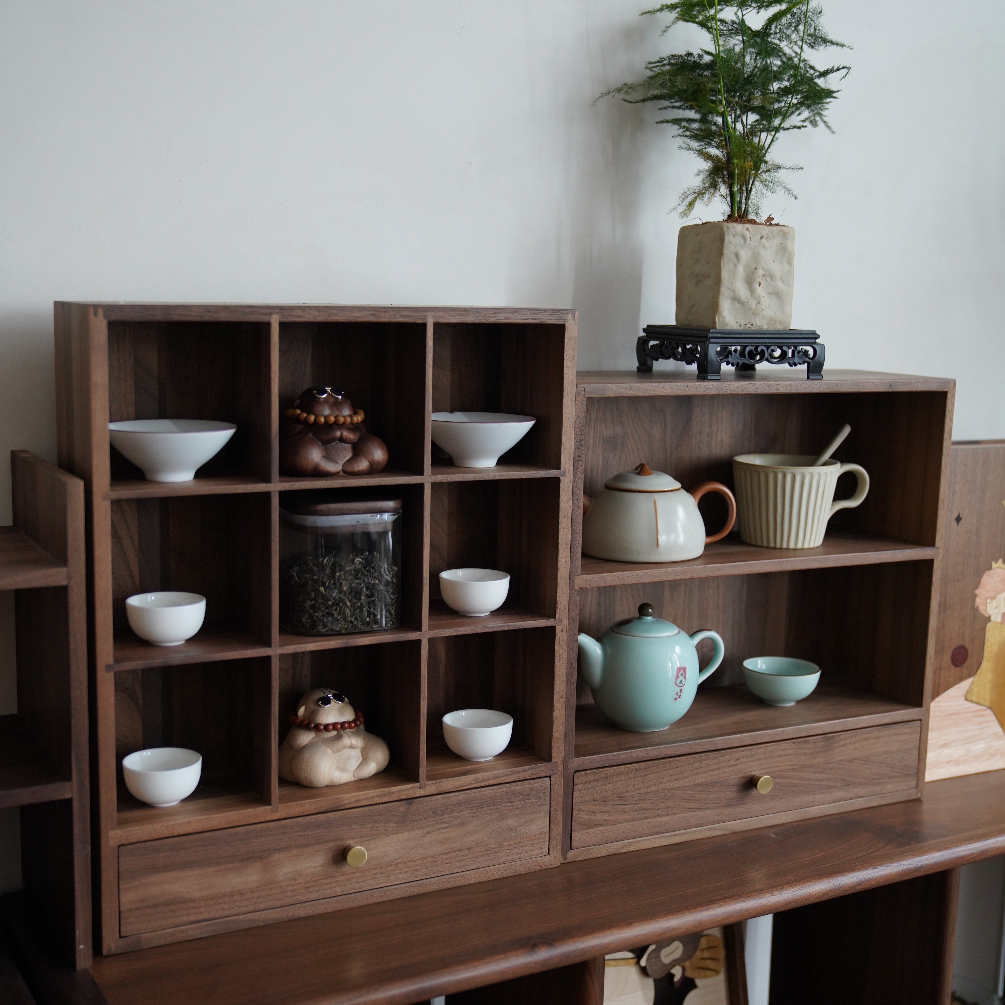 无意实木茶杯九宫格架杯子置物架黑胡桃木多宝格茶具桌面展示柜