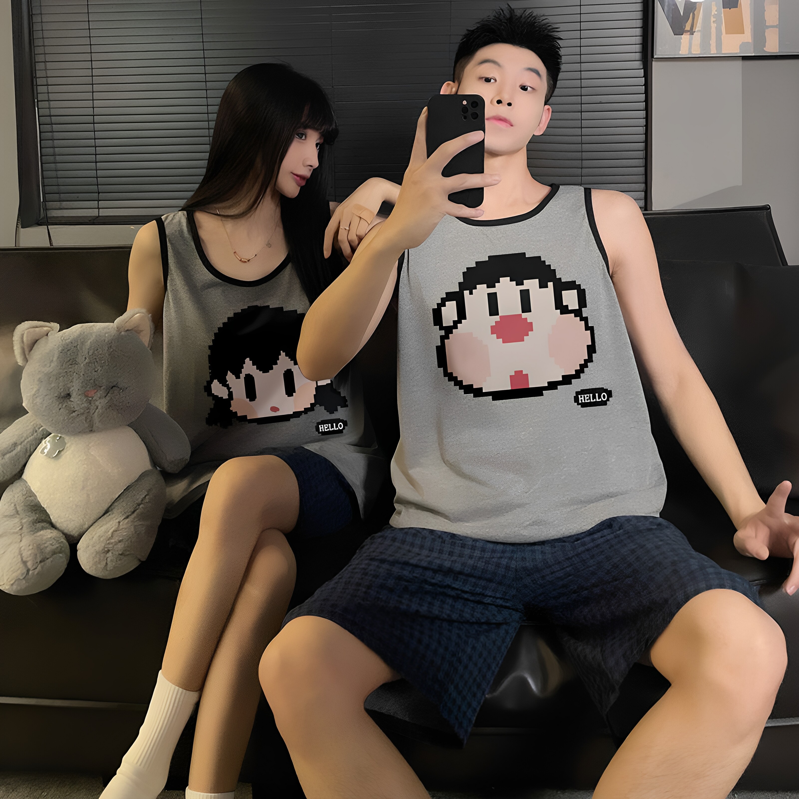 全棉纯棉情侣睡衣女款夏季无袖背心短裤纯棉家居服男士夏天清凉款