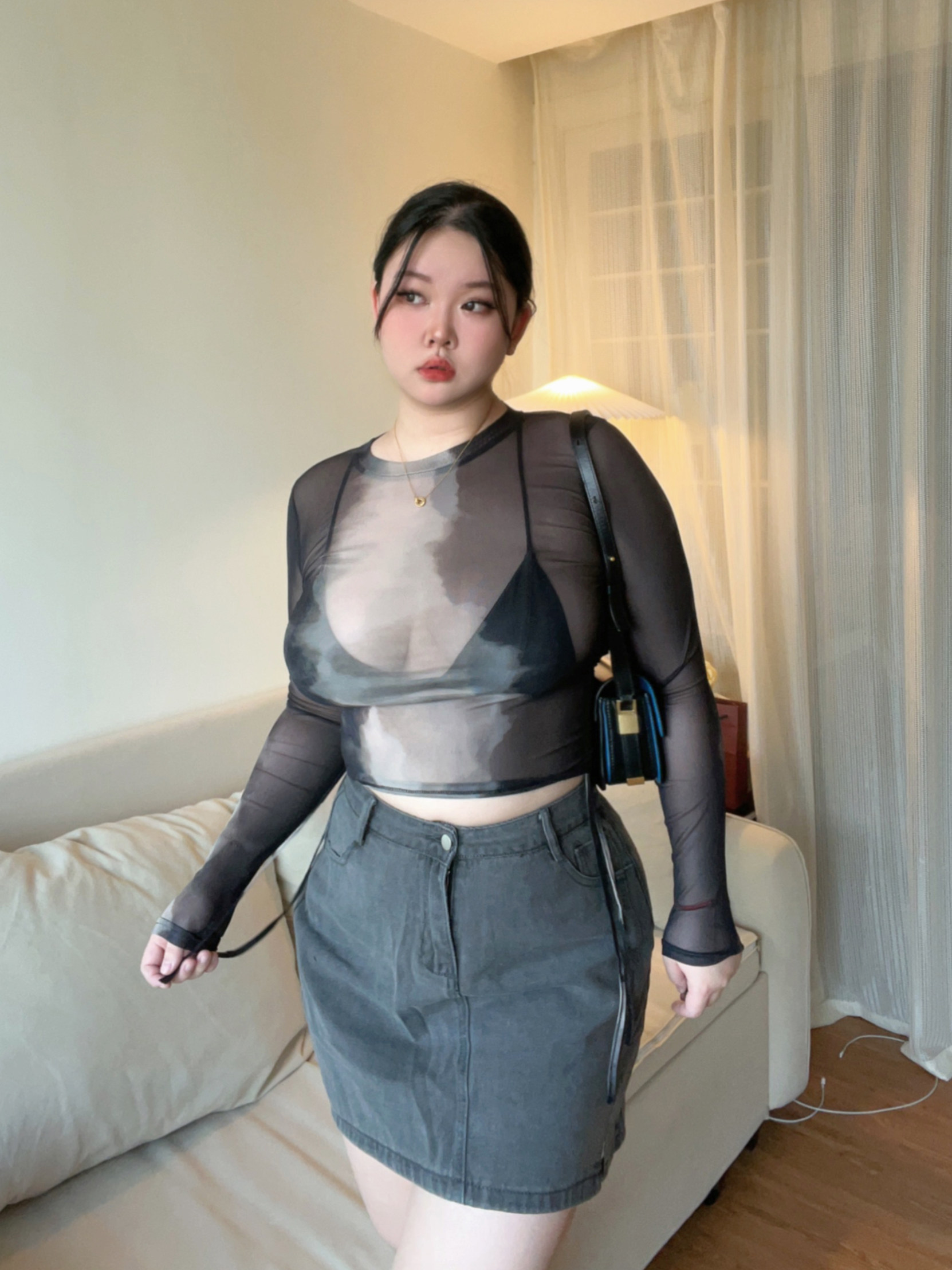 肉丸想变瘦肉丸扎染薄款欧美辣妹透视网纱防晒抽绳性感短款长袖