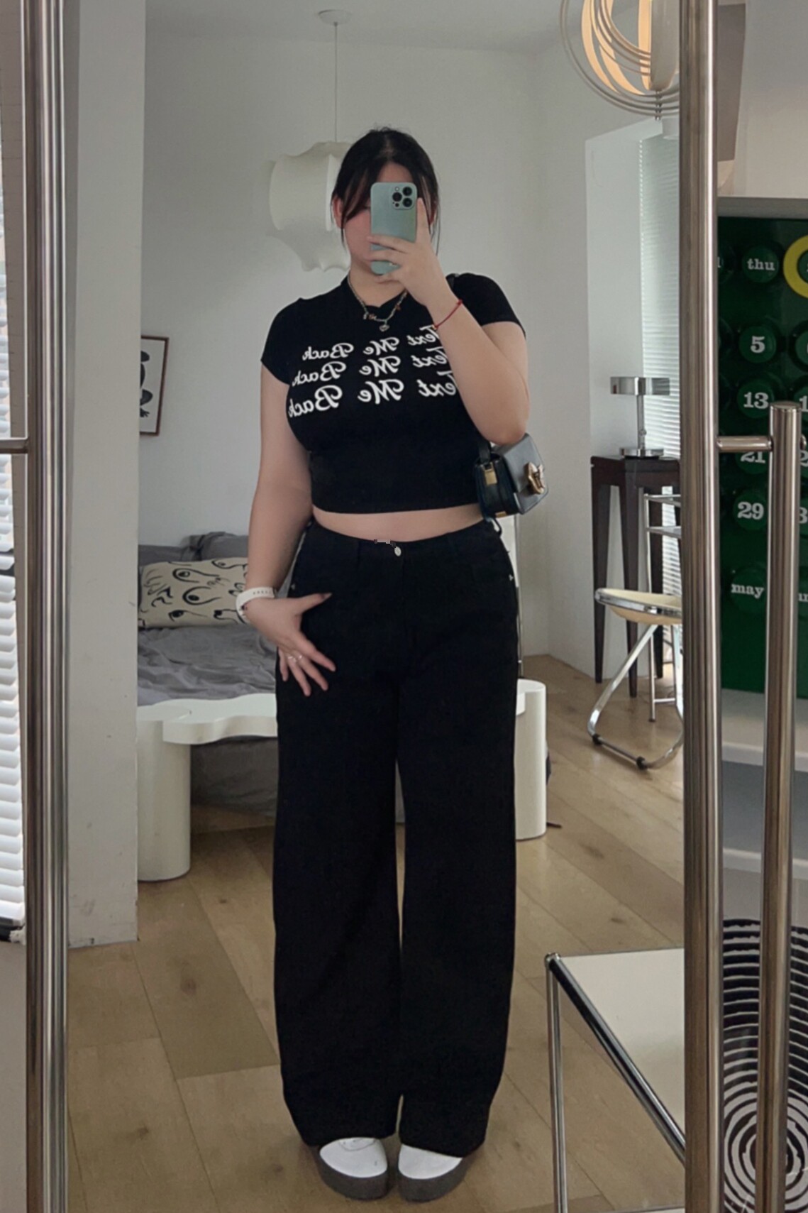 肉丸想变瘦肉丸韩版中高腰黑色显瘦松紧腰牛仔裤直筒粗腿美眉bi入