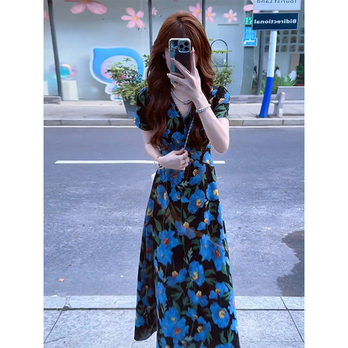 法式复古风碎花v领短袖连衣裙女