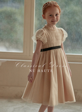 NU童装夏季女童法式网纱立领蝴蝶结装饰闪片公主连衣裙重工礼服裙