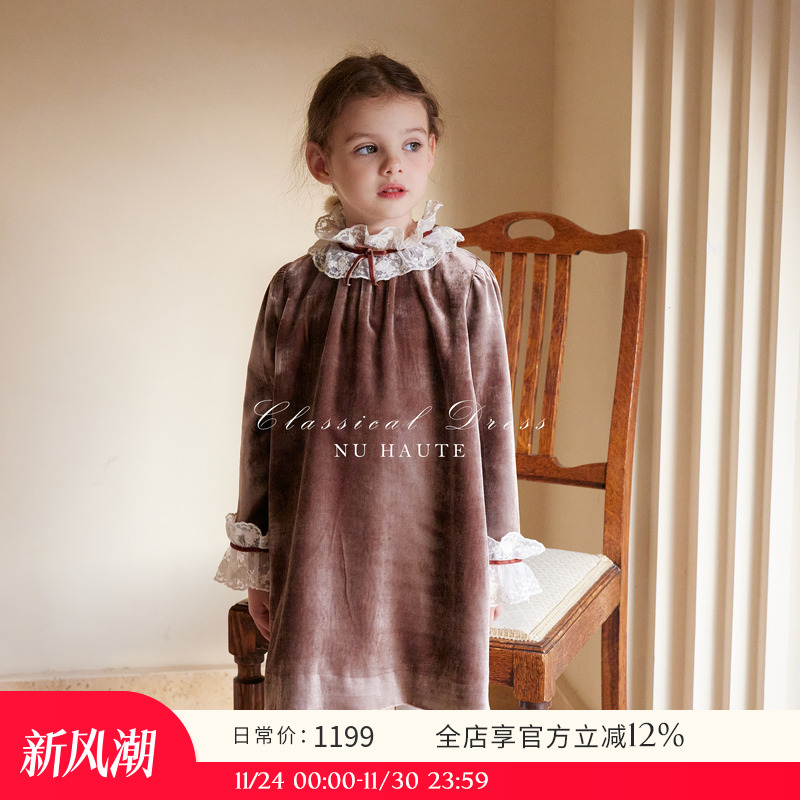 NU丝绒复古蕾丝荷叶领小礼服