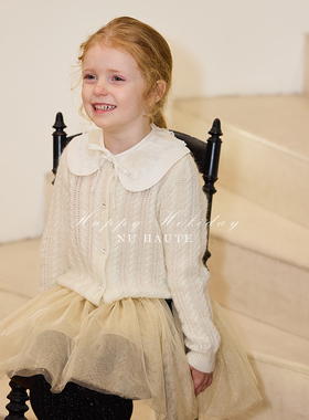 NU童装 25早春新款节日马海毛针织开衫两色选真丝花边公主装饰领