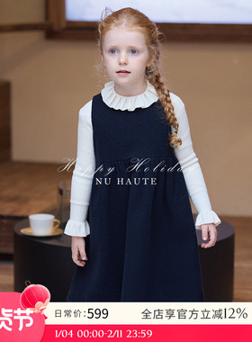 NU童装 春秋季绵羊毛呢高腰女童礼服背心裙秋冬法式复古连衣裙