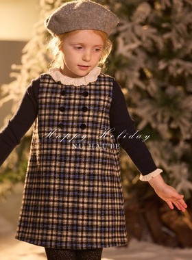 NU童装 春秋季女童法式复古羊毛格纹背心裙节日年服无袖连衣裙