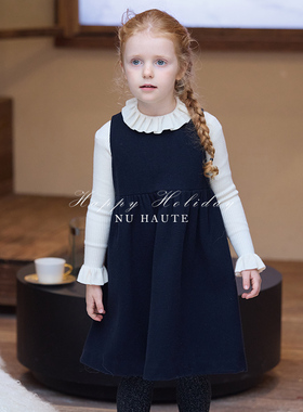NU童装 春秋季绵羊毛呢高腰女童礼服背心裙秋冬法式复古连衣裙