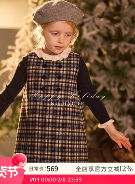 NU童装 春秋季女童法式复古羊毛格纹背心裙节日年服无袖连衣裙