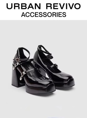 URBAN REVIVO2025年春夏女法式玛丽珍亮面防水台高跟鞋UAWS32045