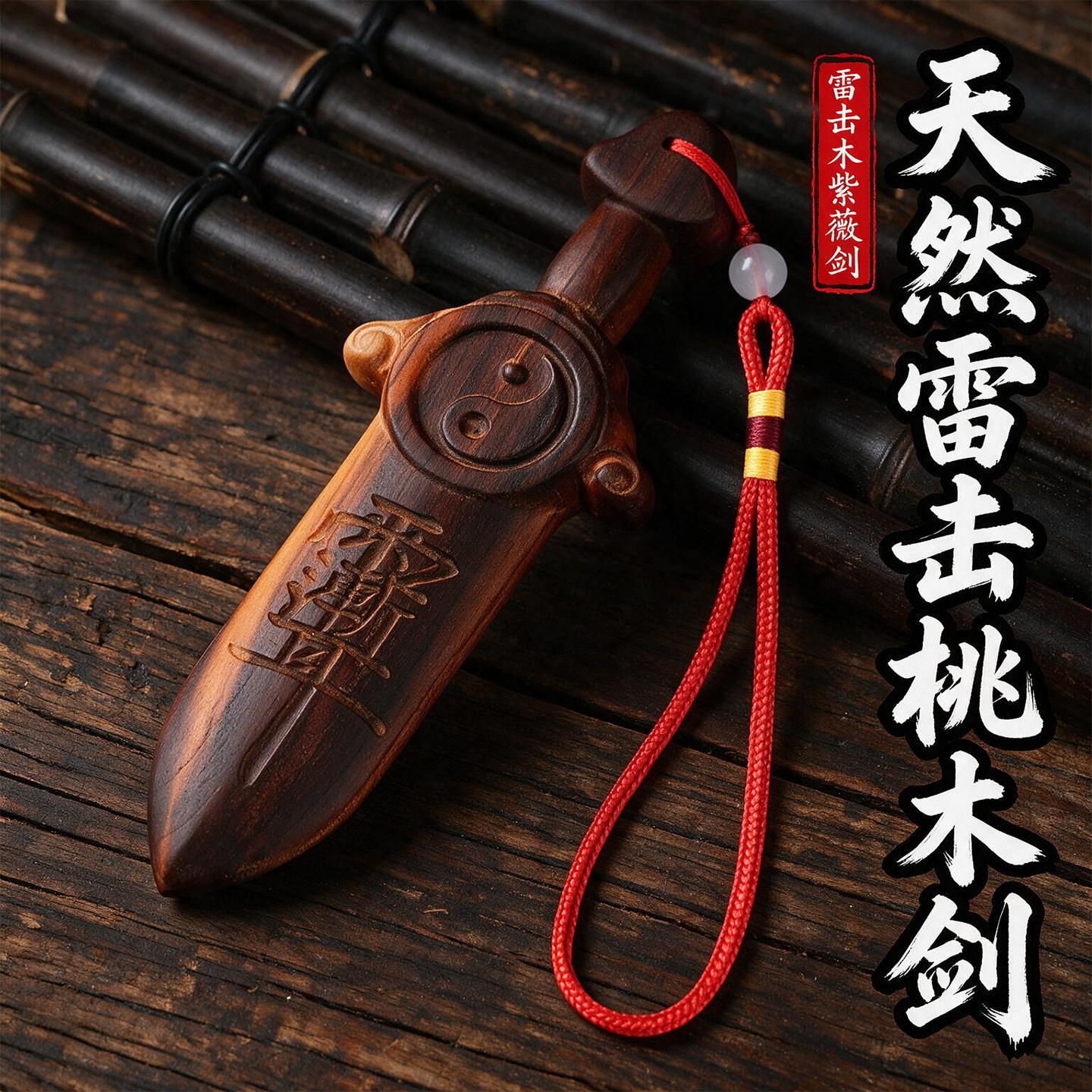 天然雷击桃木太极紫薇剑挂件图片