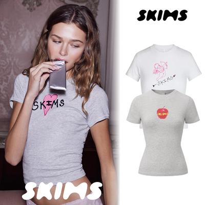 正品SKIMS卡戴珊爱心丘比特苹果圆领修身休闲正肩短袖上衣T恤女