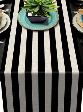 1pc Geometric Stripe Linen Table Runner, Modern Simple Black