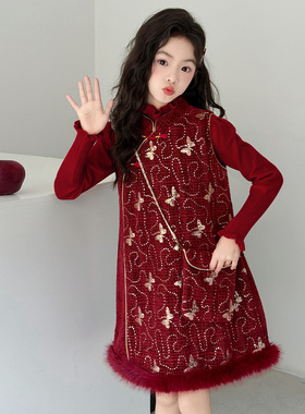 韩系女童套装2025新款儿童拜年服洋气时髦冬裙本命年红色背心裙潮