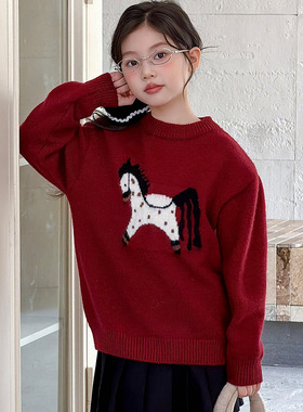 女童红色毛衣2025新款儿童加厚毛线衣女大童内搭本命年针织打底衫
