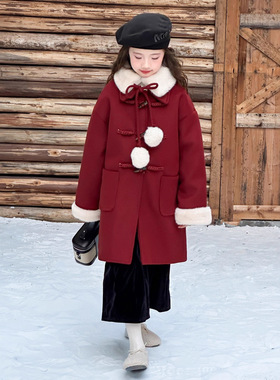 女童中长款毛呢大衣2025年装新款中大童红色加绒加厚拜年呢子外套