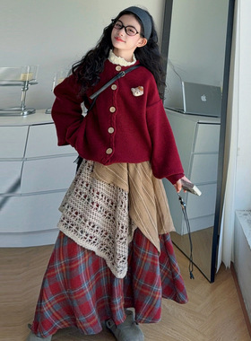 新年套装2026冬季新款本命年女大童新年红裙时尚针织开衫喜庆时髦