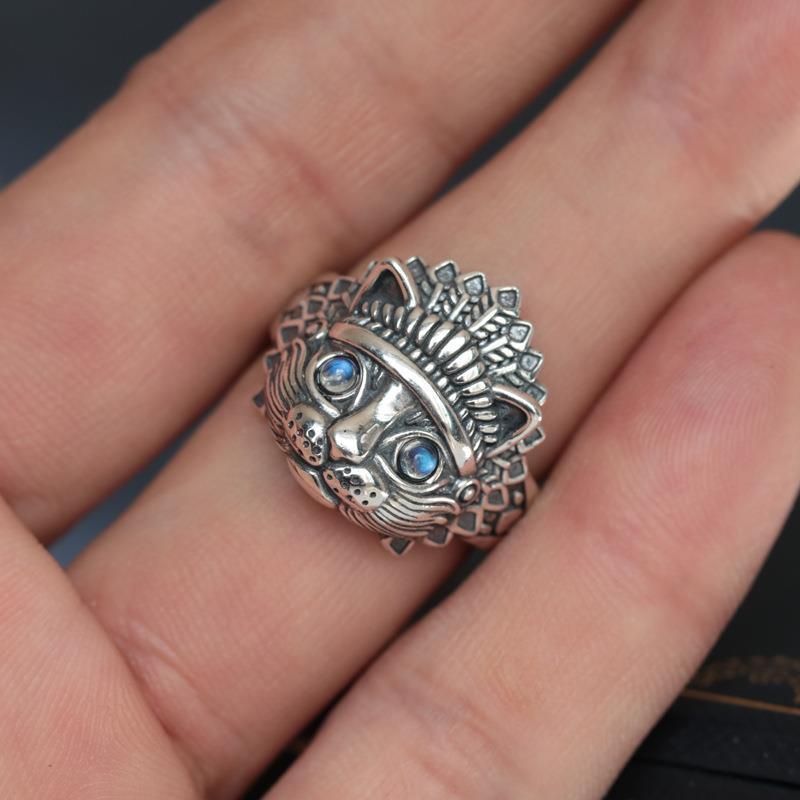 Chiba Vintage Moonlight Stone Thai Silver Indian Cat Ring Pe