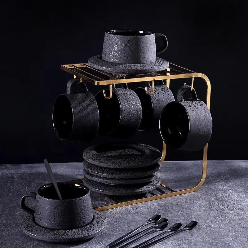 Black Matte Coffee Cup Set Ceramic Cups with Spoon & Holder