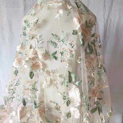 1M Delicate Floral Embroidery Lace Mesh Fabric Soft Gauze