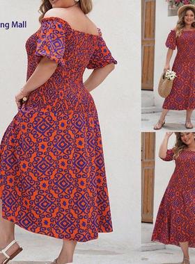 Female Summer Casual Plus Size One-Shoulder Printed Dress