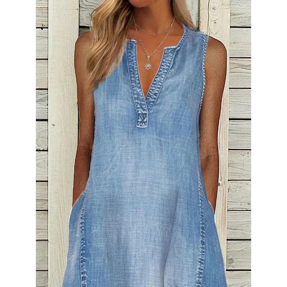 Summer Sleeveless A-line Dress Women Sexy V-neck Blue Denim