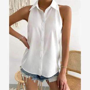 bottom sleeveless shirt 休闲翻领无袖 Casual 打底衬衫 lapel