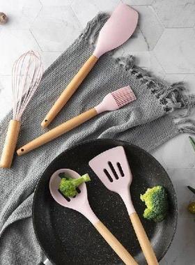 Pink Cooking Kitchenware Tool Silicone Utensils With Wooden