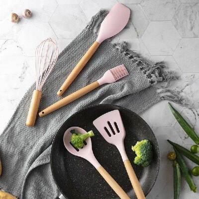 Pink Cooking Kitchenware Tool Silicone Utensils With Wooden