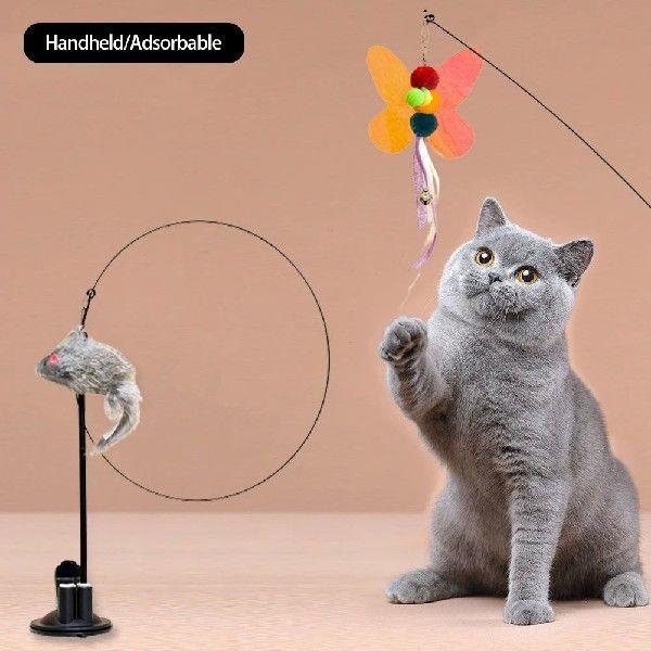 Cat 2 Head Feather Teaser Stick Suction Plate Set