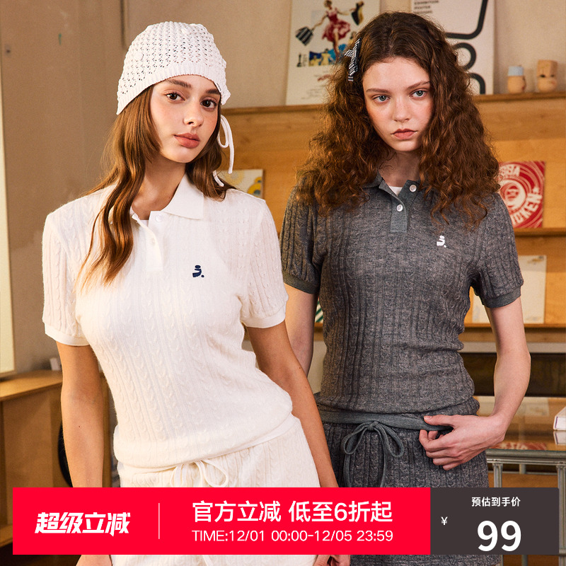 RASS针织麻花Polo衫 夏季复古修身显瘦国潮休闲简约翻领短袖t恤女