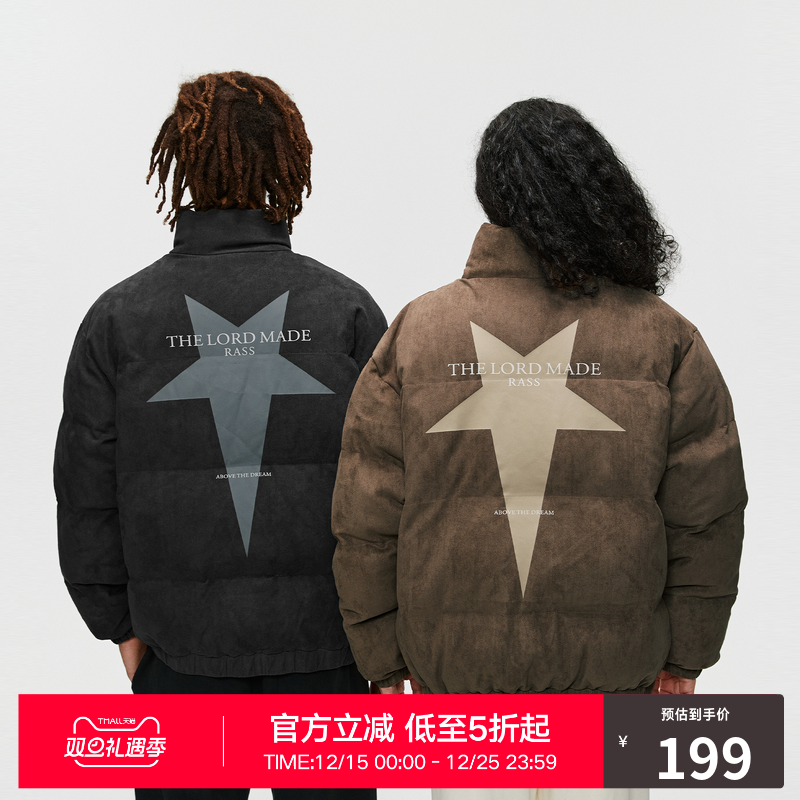 RASS星星仿麂皮棉服美式复古冬季情侣棉袄宽松保暖棉衣外套男