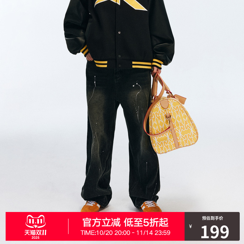 RASS泼墨做旧直筒牛仔裤 美式复古国潮牌潮流宽松休闲阔腿长裤子