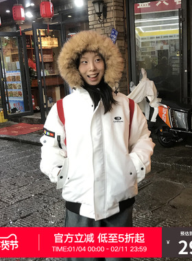 RASS短款连帽派克棉服 冬季保暖加厚国潮牌潮流休闲白色情侣棉衣