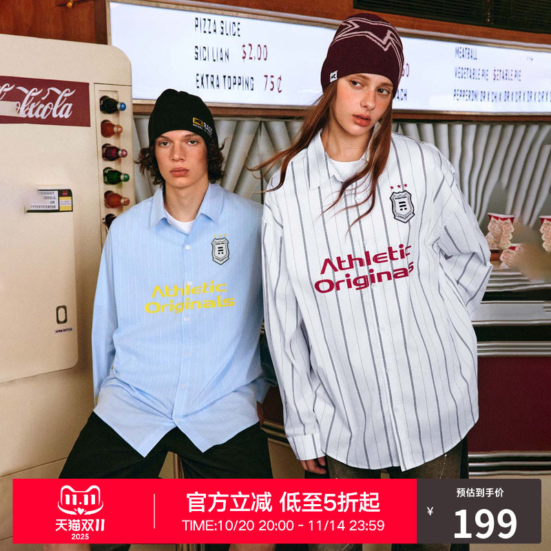 RASS运动撞色条纹长袖衬衫 国潮牌潮流宽松休闲情侣翻领外穿衬衣