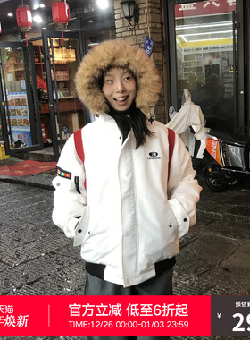 RASS短款连帽派克棉服 冬季保暖加厚国潮牌潮流休闲白色情侣棉衣