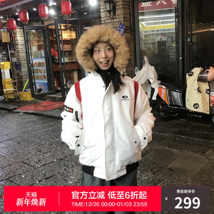 保暖加厚国潮牌潮流休闲白色情侣棉衣 冬季 RASS短款 连帽派克棉服