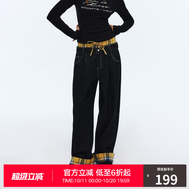 RASS 双腰头格纹翻边牛仔裤 春秋季拼接设计辣妹宽松直筒长裤