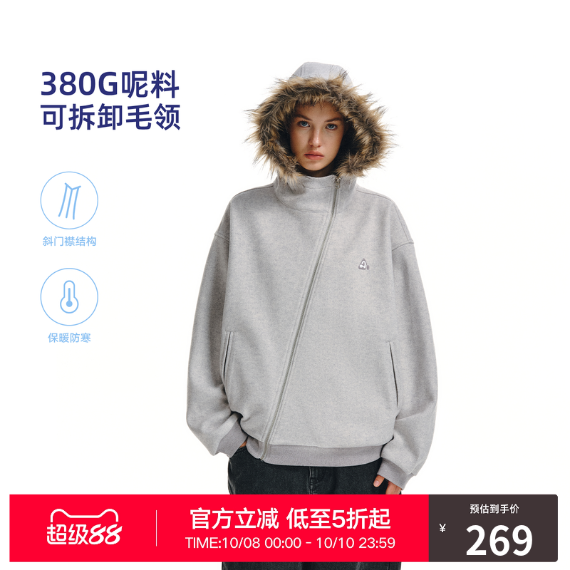 RASS「380G」可拆卸毛领呢料外套 潮牌秋季宽松美式斜拉链夹克