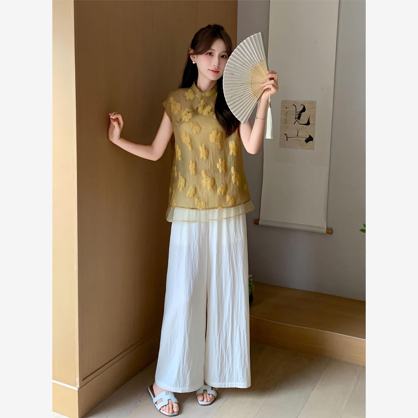 新中式国风套装女2025夏新款高级感刺绣旗袍衬衫上衣阔腿裤两件套