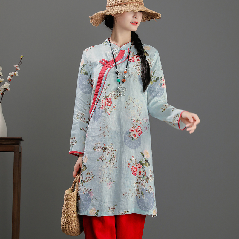 薄款苎麻中长款盘扣上衣棉麻衬衫