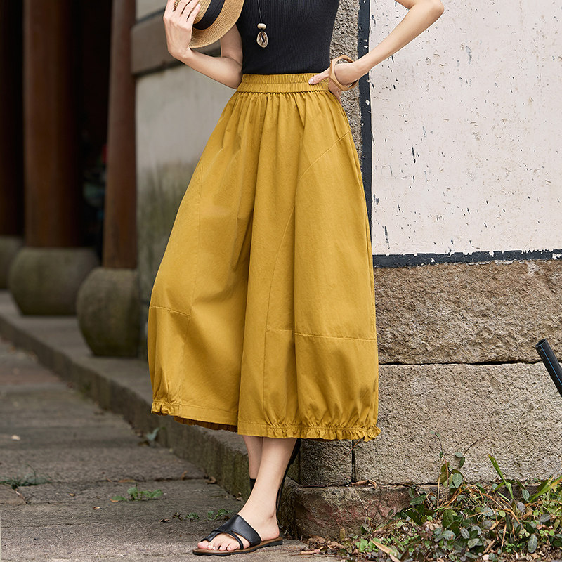 高腰松紧腰花苞裤女宽松灯笼裤黄色纯棉九分女士中长款休闲裤裙裤 - 夏宴服饰旗舰店出品