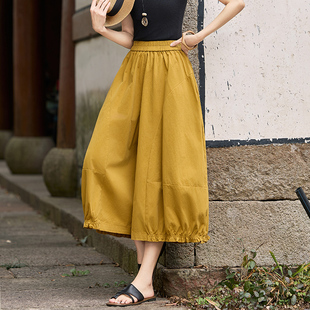 裙裤 高腰松紧腰花苞裤 休闲裤 黄色纯棉九分女士中长款 女宽松灯笼裤