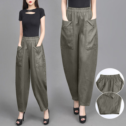 100%亚麻哈伦裤大码灯笼裤