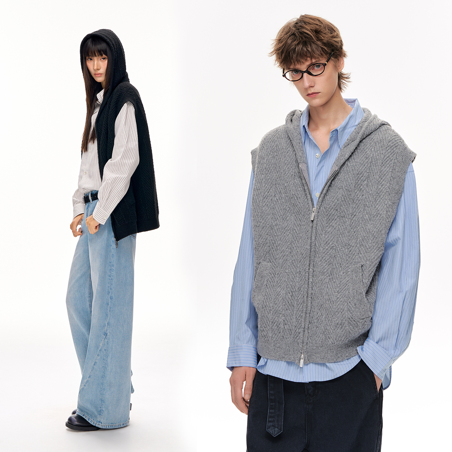 CLIMAX VISION羊毛混纺树纹提花连帽拉链针织马甲背心男女款