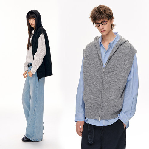 CLIMAX VISION羊毛混纺树纹提花连帽拉链针织马甲背心男女款