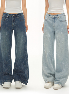 CLIMAX VISION复古重工烫钻满天星爆闪中低腰直筒流星雨牛仔裤女