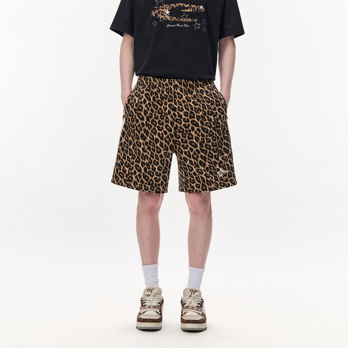 CLIMAX VISION美式复古星星刺绣条纹织带纯棉宽松豹纹五分短裤,男装,短裤,淘宝优惠券,粉丝福利购,淘宝优惠卷