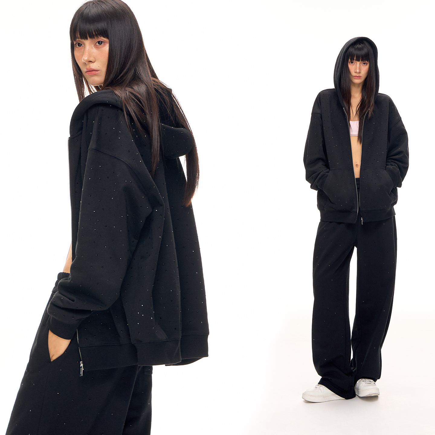 CLIMAX VISION满天星烫钻纯棉针织连帽卫衣/弯刀直筒长裤男女同款