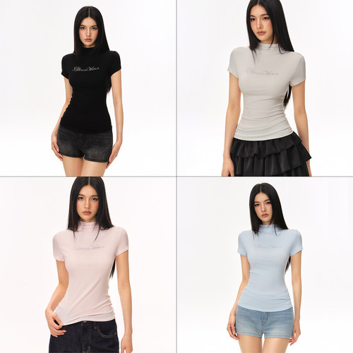 CLIMAX VISION烫钻logo舒弹凉爽基础短袖小高领修身收腰正肩T恤女